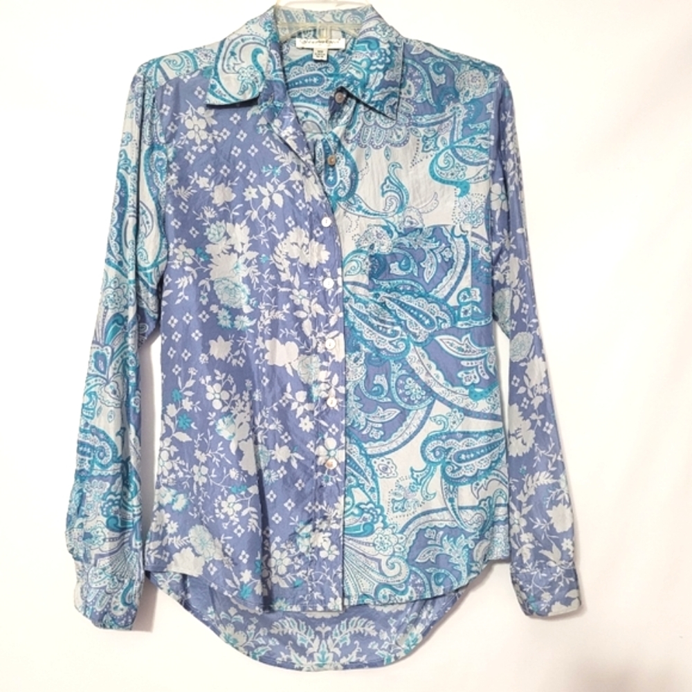 Coldwater Creek 100% Silk Paisley Floral Blue Button-down Top XS